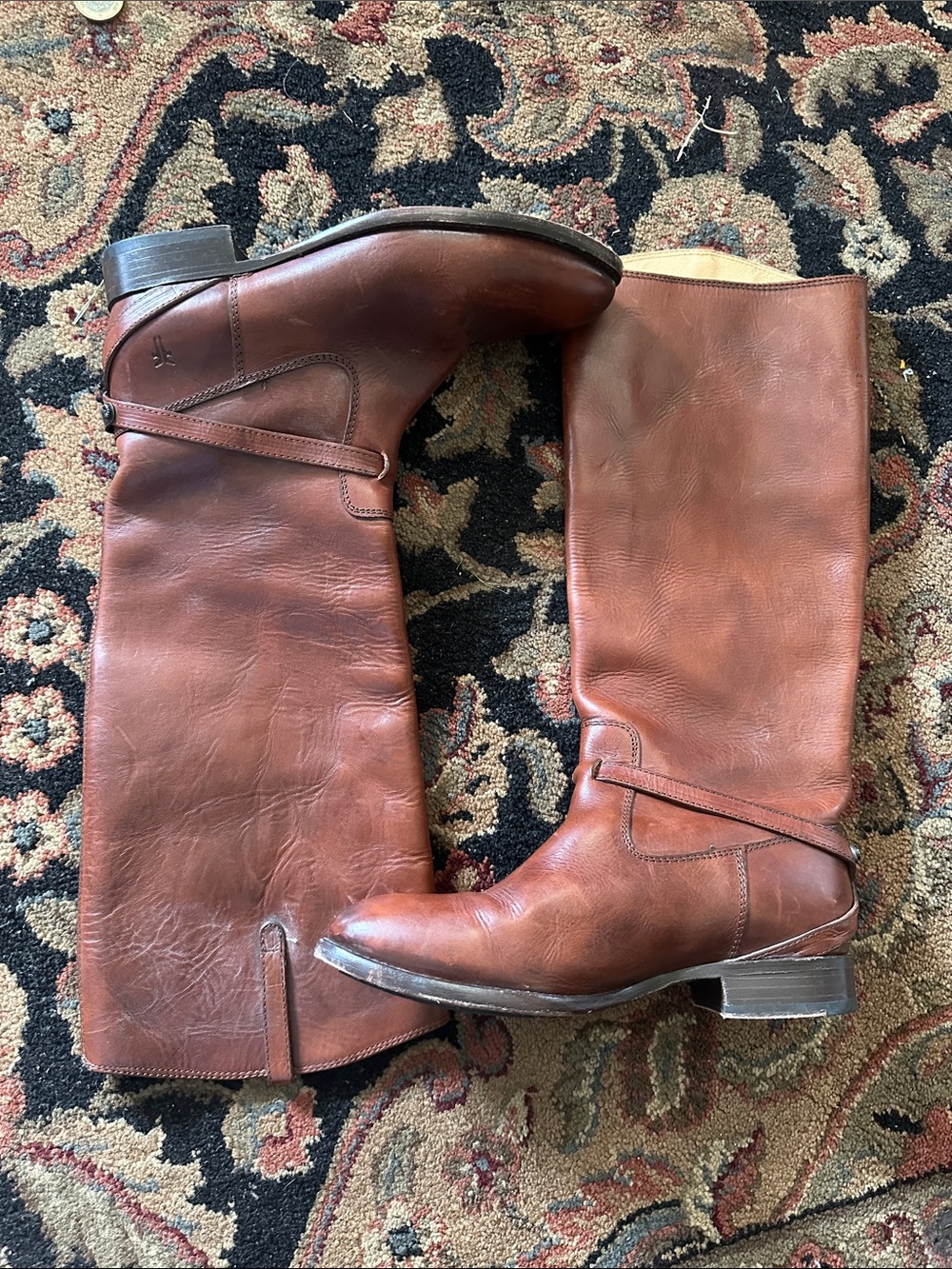 Frye Lindsay plate Tall Leather Riding Boots in Cognac Brown
